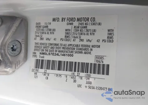 2020 Ford Transit Connect Xl Cargo Van из США, поврежденный, VIN NM0LS7E24L1461000